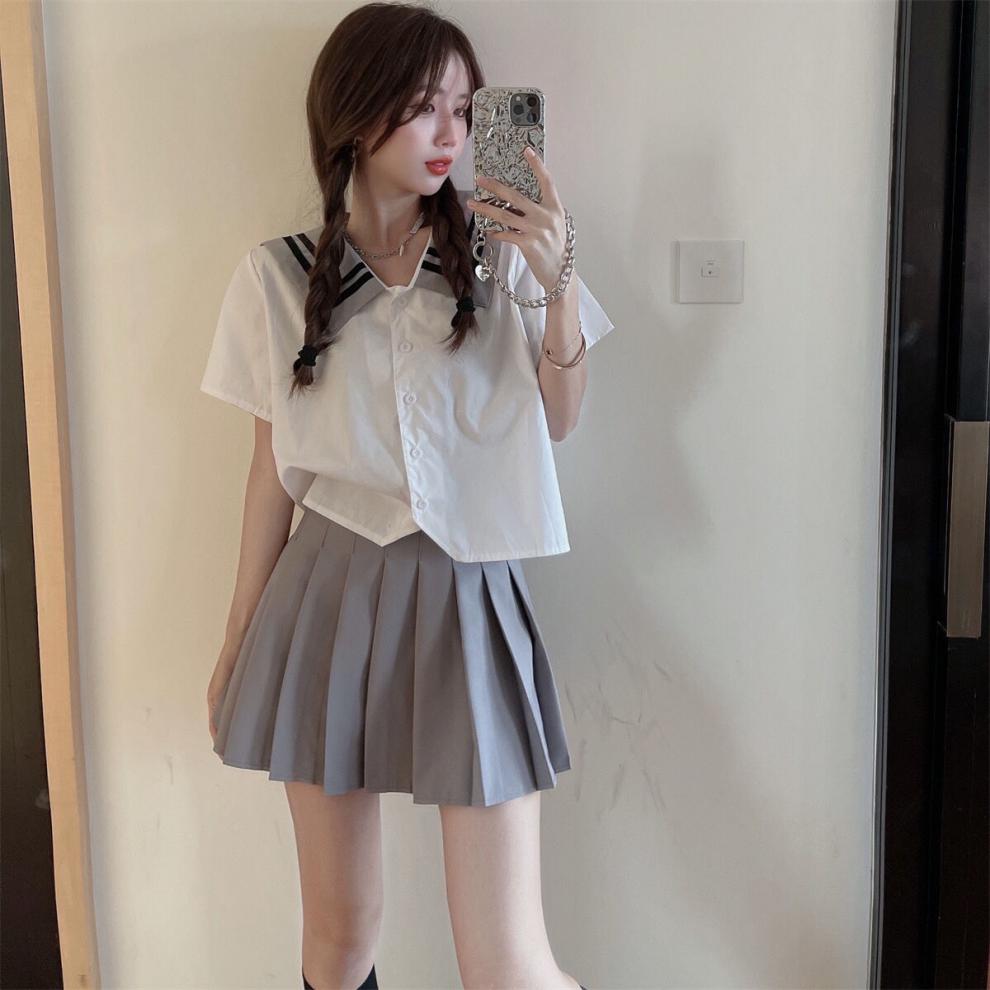 施洛芸甜美学院风海军领套装女夏季jk制服短袖衬衫高腰百褶半身裙套装