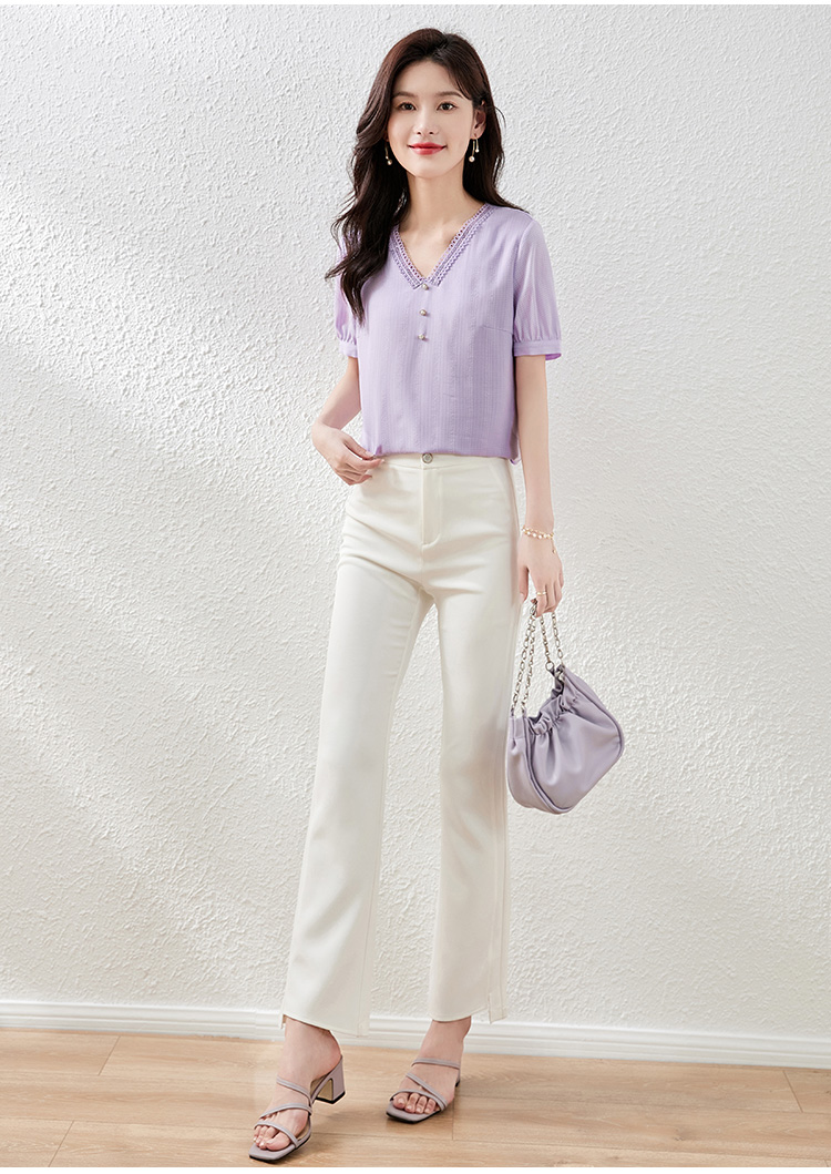 熙世界2022夏款丁香紫蕾丝花边v领雪纺衫女温柔风仙高端上衣丁香紫m