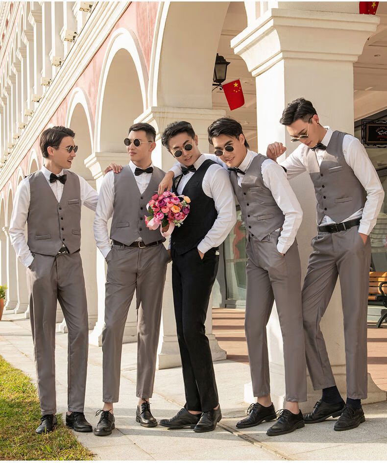 xqb国潮男装联名伴郎服西式兄弟装男结婚团服装西装男士衬衫马甲三件