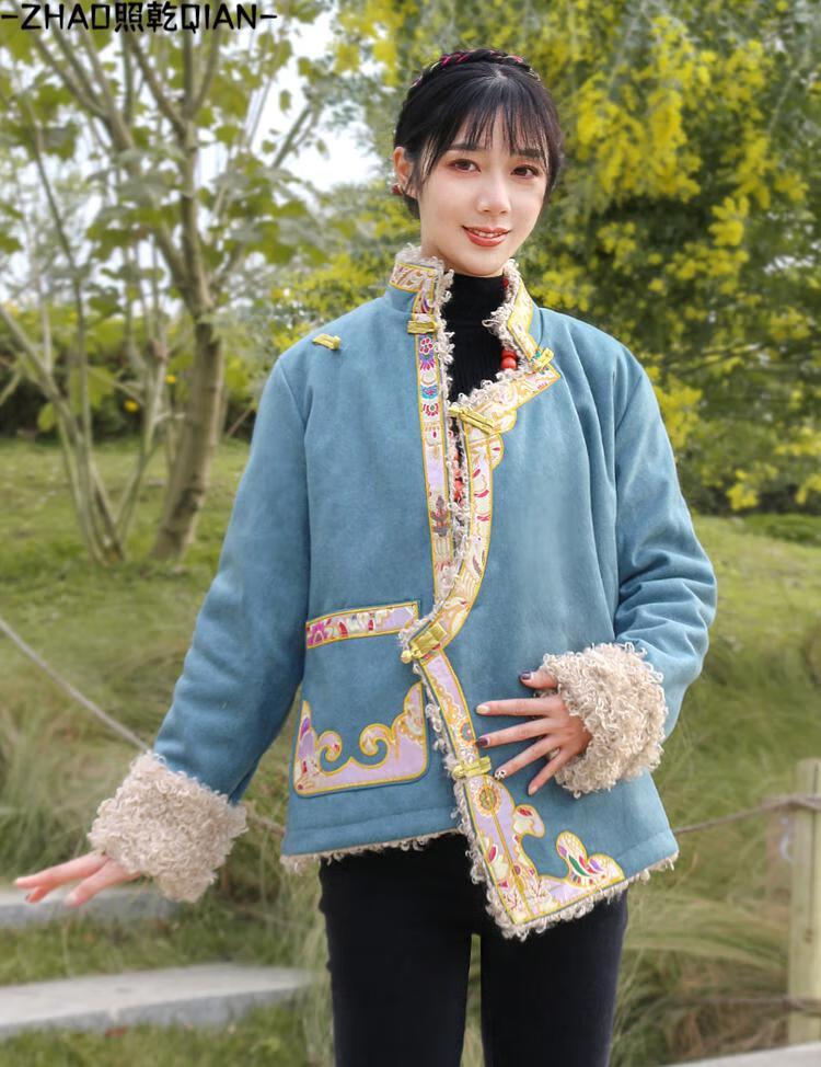 照乾藏族服装冬季冬天穿的藏式外套女西藏袍绣花长绒保暖藏装上衣拉萨