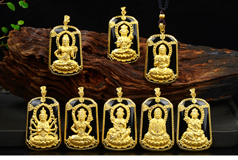 黄金十二生肖本命佛吊坠和田玉999足金挂件金镶玉生肖八大守护神玉坠