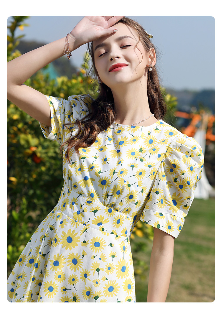 勿忘花纯棉碎花气质连衣裙女2022夏季新款泡泡袖收腰显瘦裙子黄色s