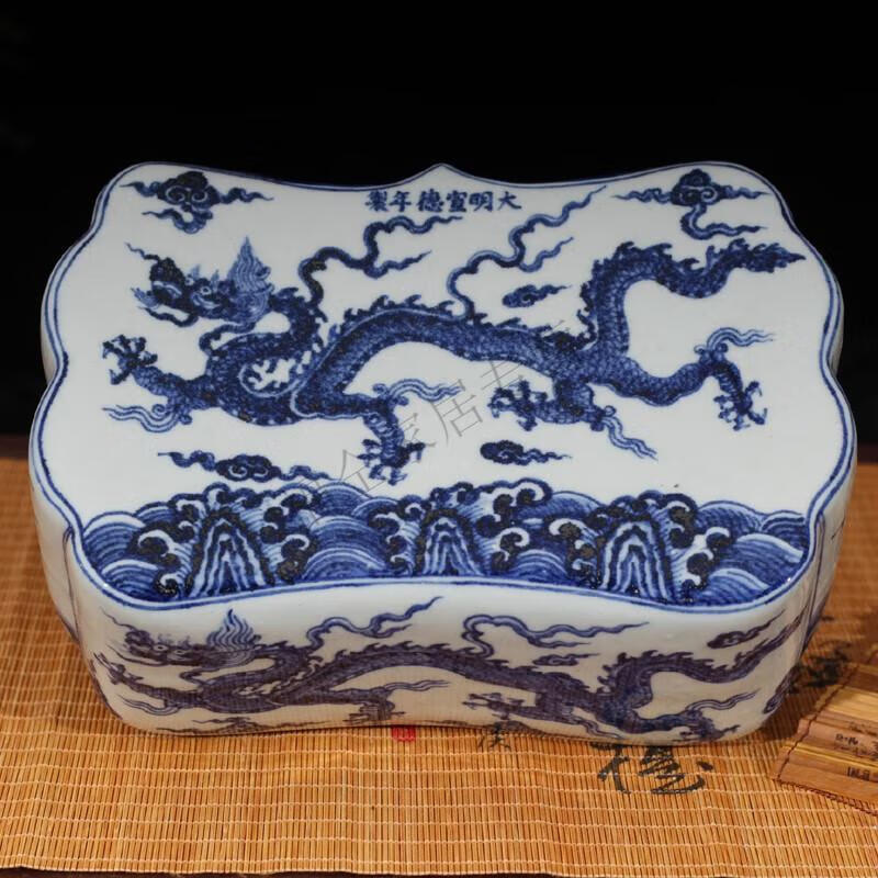 手绘青花瓷枕头 高雅陶瓷枕头 仿官窑影青瓷器枕头 龙纹款【图片 价格