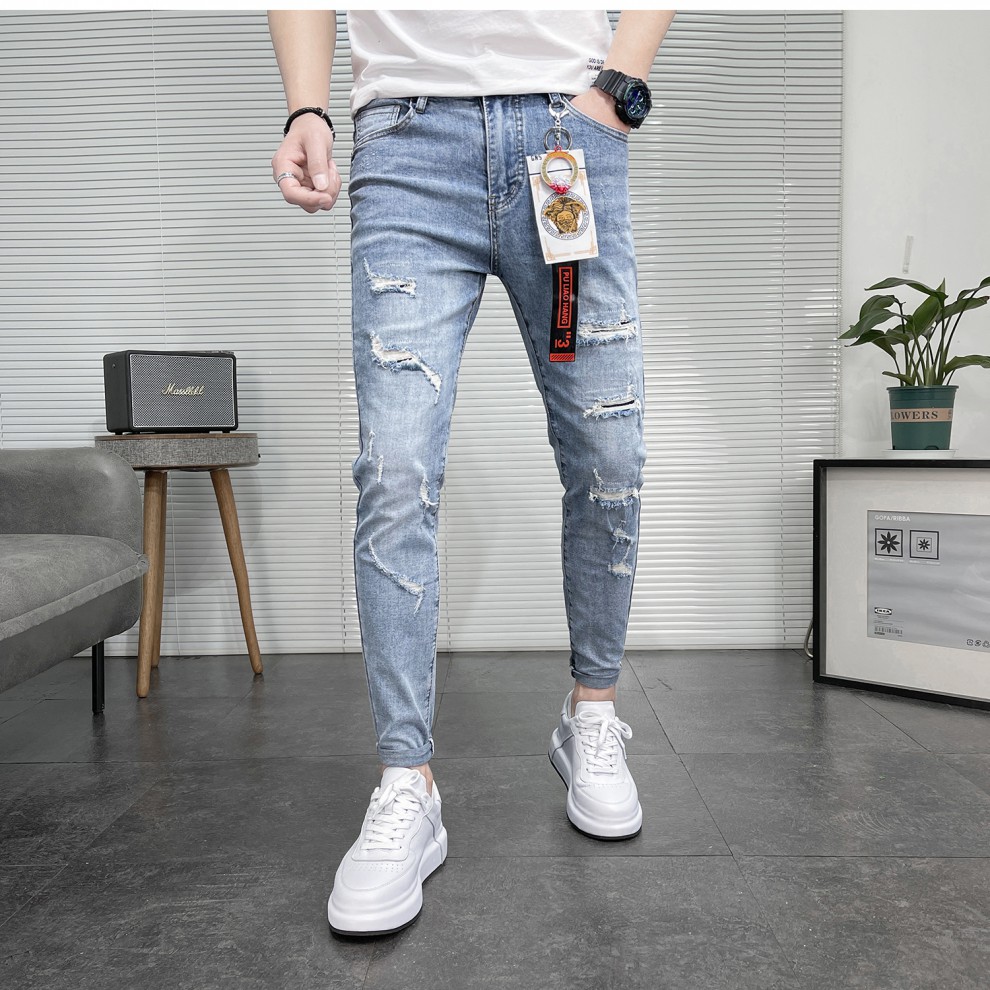 修身小脚社会人精神小伙9分痞帅裤子紧身牛仔裤男夏天薄款允鹿蓝色28