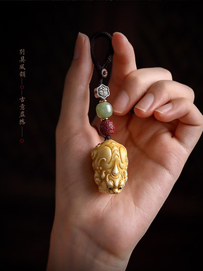 鹿角根付貔貅钥匙扣汽车挂件男士银福朱砂感骨角雕刻文玩挂饰 鹿角