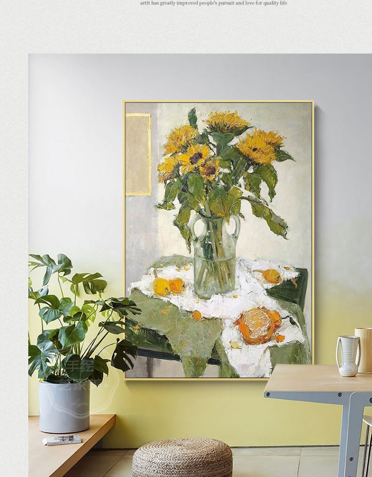 旭泽 轻奢手绘油画梵高向日葵装饰画简欧美式玄关入户植物花卉走廊