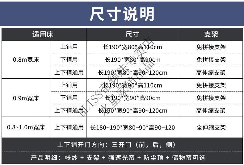 2，百麗絲水星家紡出品大學生宿捨強遮光牀簾上鋪寢室窗簾蚊帳一躰式全包封 【調皮煤球】靠牆無遮光簾佈和儲 0.8m牀，下鋪用【免拼接支架】19