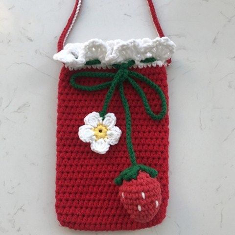 宝妈手工编织竖款女生毛线手机包纯手工制作小清新针织包成品 彩条斜