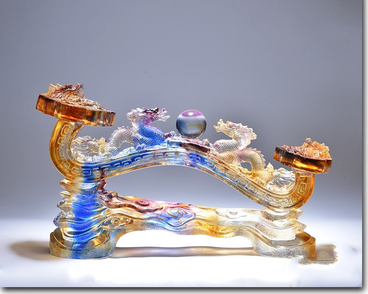 晨圈汇双龙戏珠琉璃艺术品玲珑如意摆件玻璃工艺品客厅家居摆设乔迁