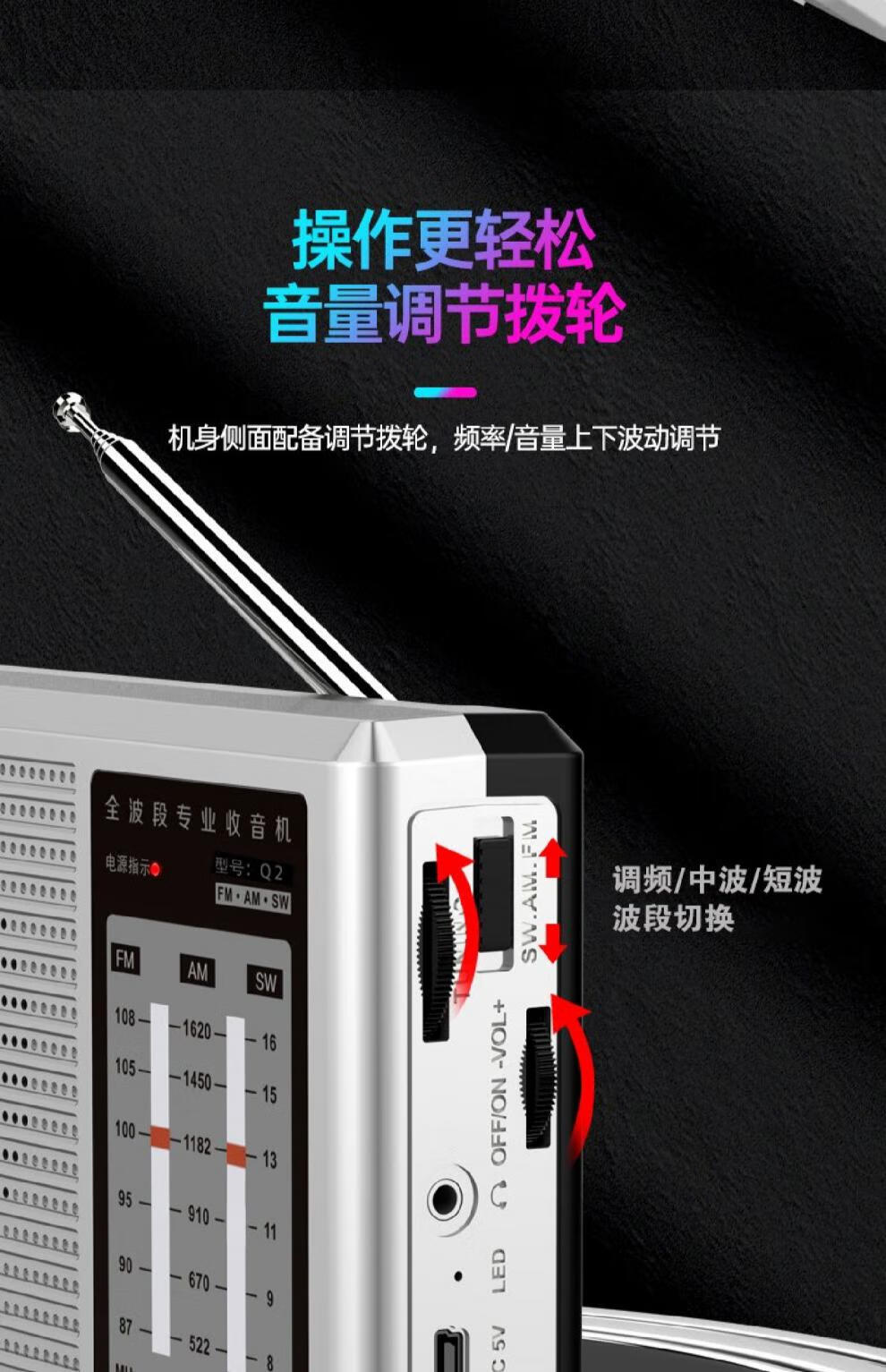索尼sony生态同款amoi/夏新q2升级版充电收音机老人专用全波段大音量