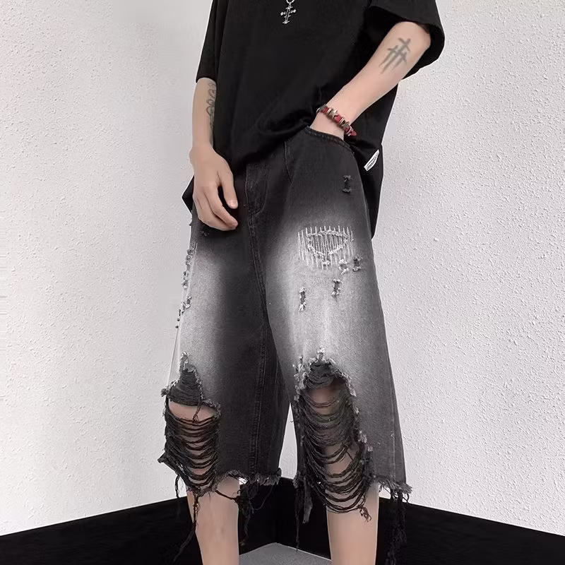 Ripped Beggar Pants Men's Summer Thin Loose Straight Denim Shorts Teen Student Ruffian Handsome Knee Six-point Pants, Black XL_mkmklike.com