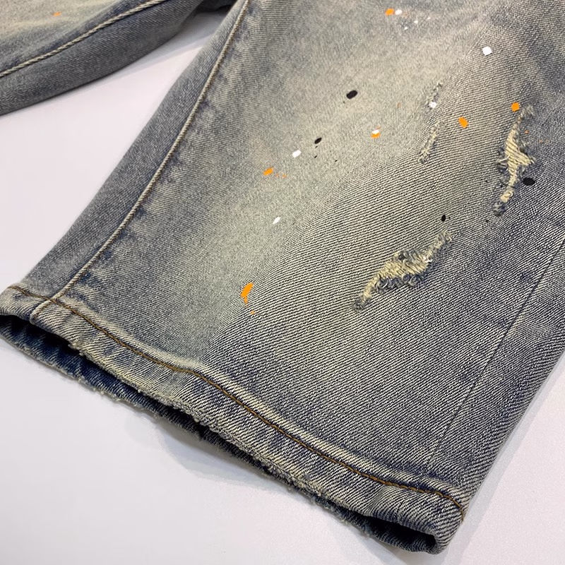 Ink-splashing Denim Shorts Men's Summer American Retro Ripped Beggar Five-point Pants Loose Straight Slim Trendy Pants, Blue 28_mkmklike.com