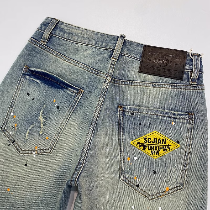Ink-splashing Denim Shorts Men's Summer American Retro Ripped Beggar Five-point Pants Loose Straight Slim Trendy Pants, Blue 28_mkmklike.com