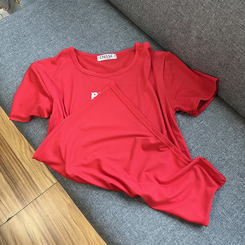 旺仔衣服精神小伙套装男紧身衣t恤牛奶短袖裤子社会人夏 旺仔红色t恤