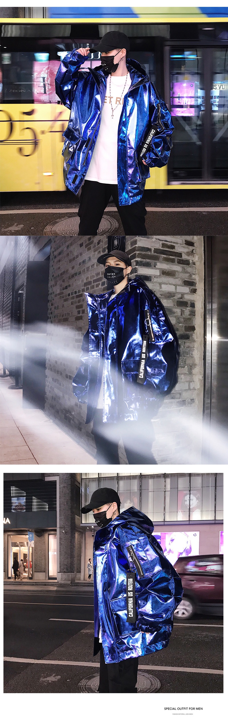 国潮ins明星同款演出嘻哈银色亮面皮衣夹克男女潮牌hiphop外套表演服