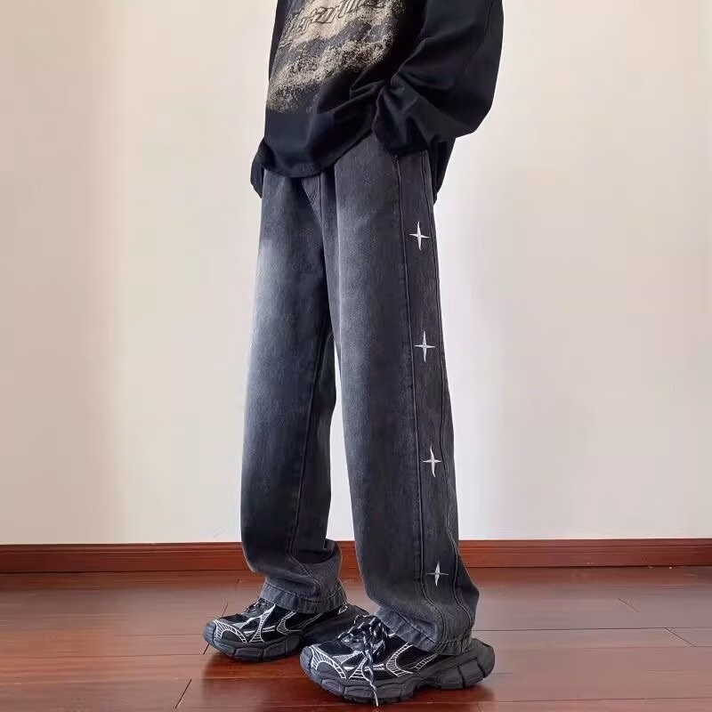 American Retro Star Jeans Men's 2026 Spring New Loose Straight Wide-leg Pants Ruffian Handsome Casual Pants, Blue S_mkmklike.com