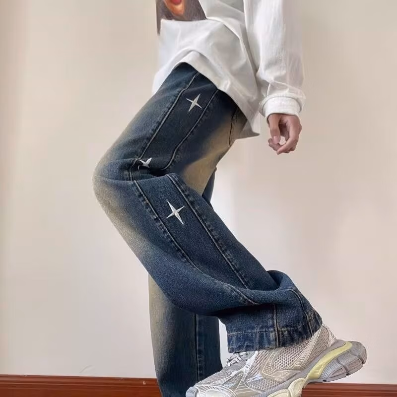 American Retro Star Jeans Men's 2026 Spring New Loose Straight Wide-leg Pants Ruffian Handsome Casual Pants, Blue S_mkmklike.com