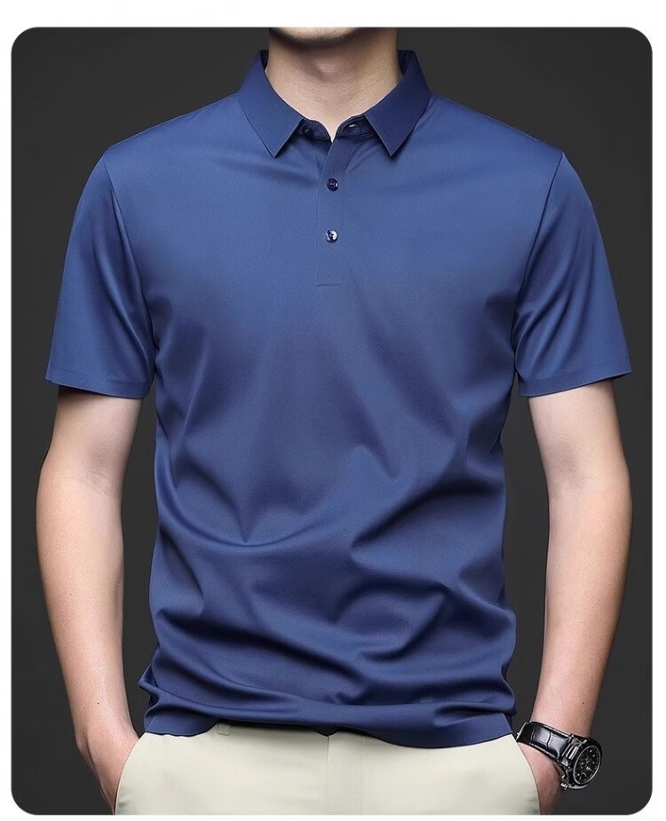 Romon Ice Silk Seamless Short Sleeve T-Shirt Men Summer Thin Business Polo Shirt Black XL 19