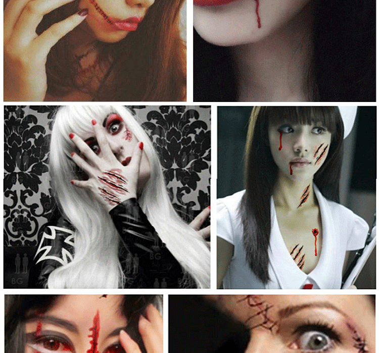 万圣节化妆贴纸女仿真恶作剧假伤口纹身贴纸缝针伤疤万圣节化妆防水