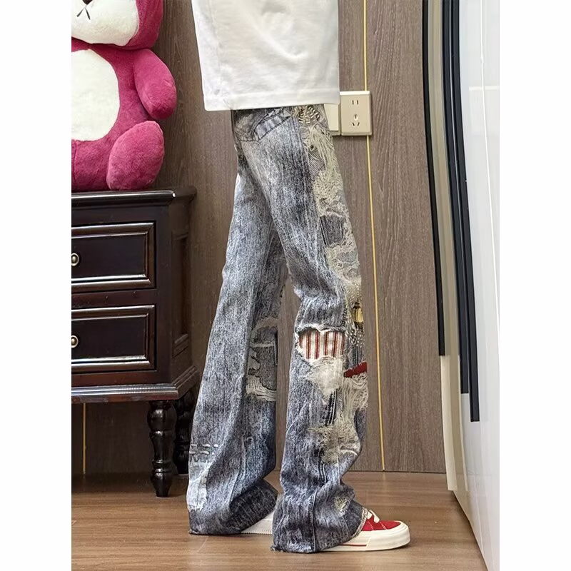 Herren Jeans Im American Retro Look Mit Print Und Geradem Schnitt_voghion.com