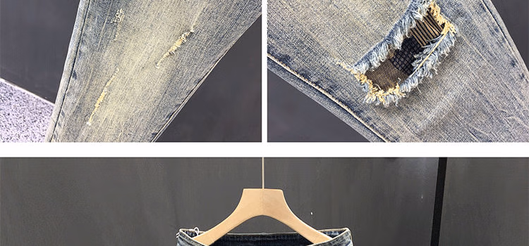 Summer Ripped Jeans Men's Korean Version Trendy Slim-fitting Pants Elastic Versatile Retro Old Casual Nine-point Pants, Main Picture Color 28_viptrois.com