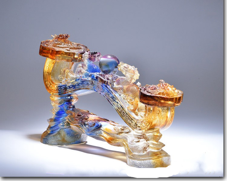 晨圈汇双龙戏珠琉璃艺术品玲珑如意摆件玻璃工艺品客厅家居摆设乔迁