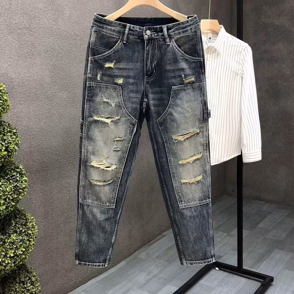 Jean droit homme style rétro avec patchs et effet déchiré slim_voghion.com
