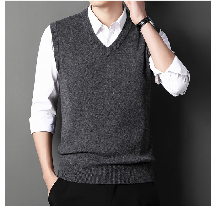 Hengyuanxiang Men's Knitted Vest Sleeveless Sweater Black XL Autumn Winter Thick Warm V-Neck Dad Style 14