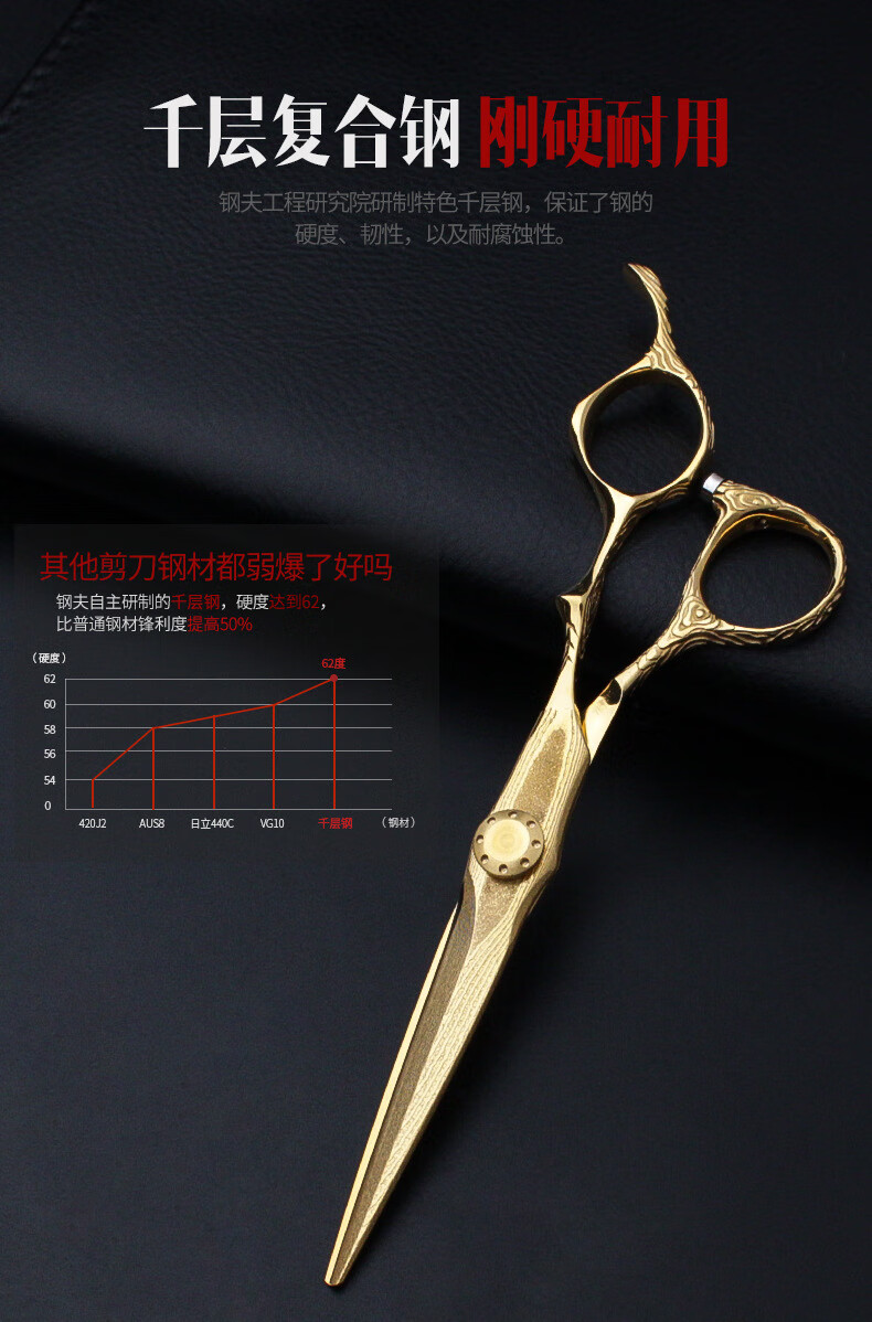 钢夫大马 士革美发剪刀理发专用剪子发型 平剪理发店 子鱼剑刀型刃