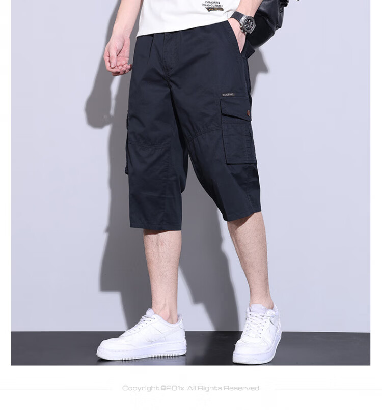 ROMON Shorts, Summer Men's New Casual Workwear Thin Seven-Point Pants, Multi-Pocket Loose Breathable, Black, 5XL 9