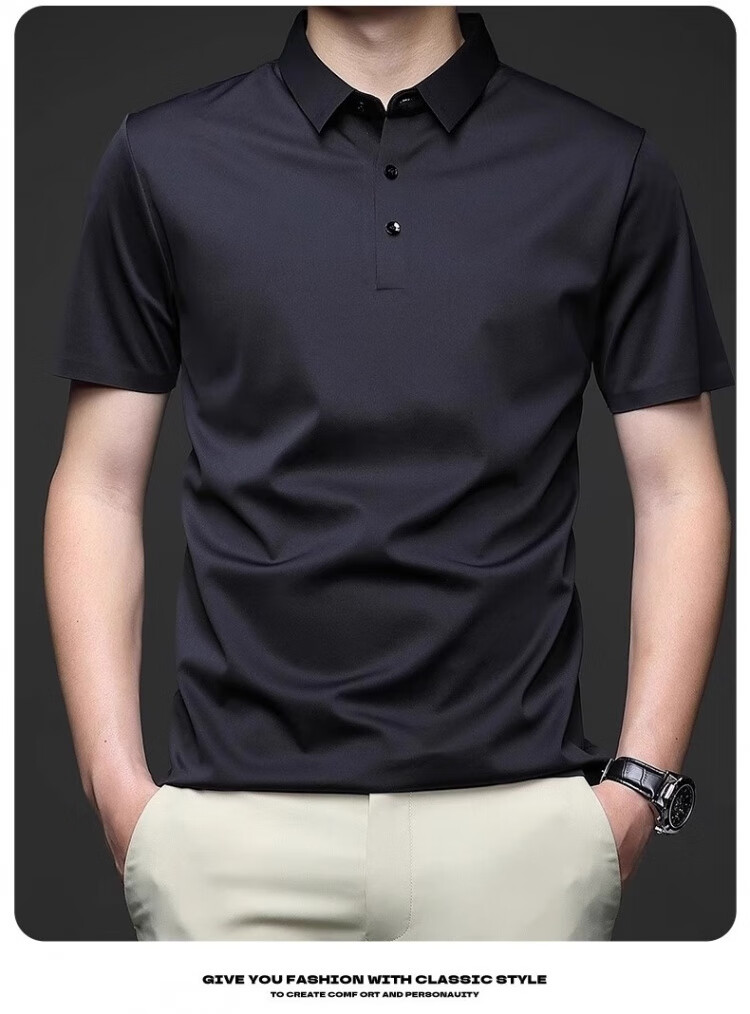 Romon Ice Silk Seamless Short Sleeve T-Shirt Men Summer Thin Business Polo Shirt Black XL 13
