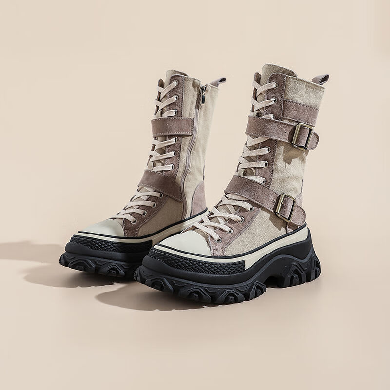 厚底松糕底显高显瘦帆布马丁靴女秋冬厚底帆布马丁靴女2022秋季显瘦工