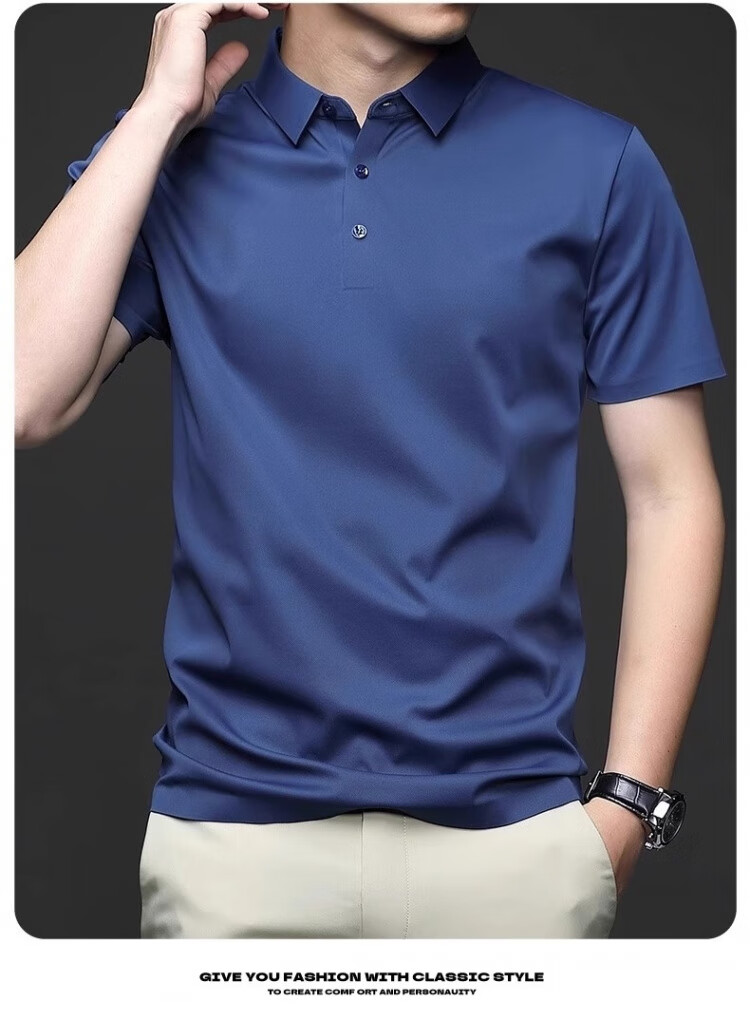 Romon Ice Silk Seamless Short Sleeve T-Shirt Men Summer Thin Business Polo Shirt Black XL 20