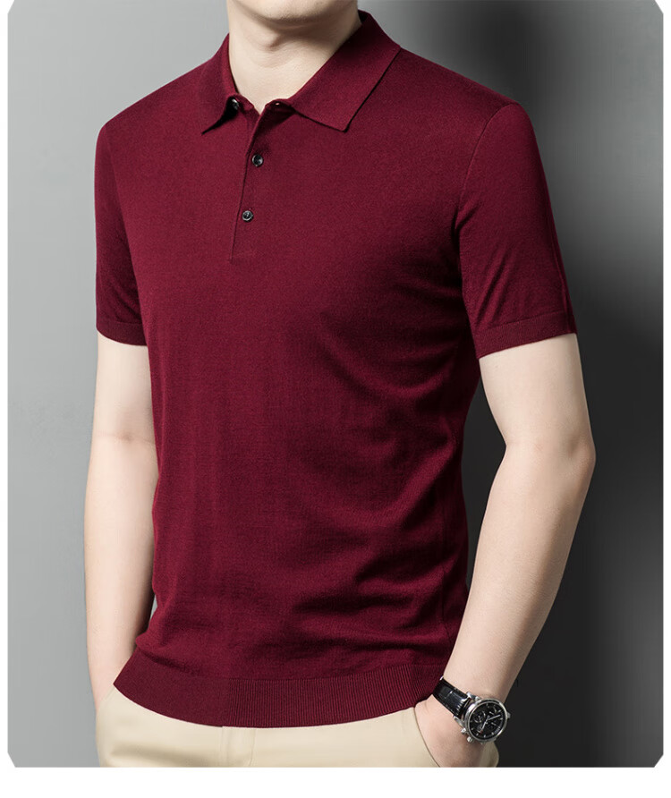 Hengyuanxiang [Contains Wool] Men's Lapel Short-Sleeve Sweater, Middle-Aged Knitted Half-Sleeve Undershirt T-Shirt, Wine Red, L 13