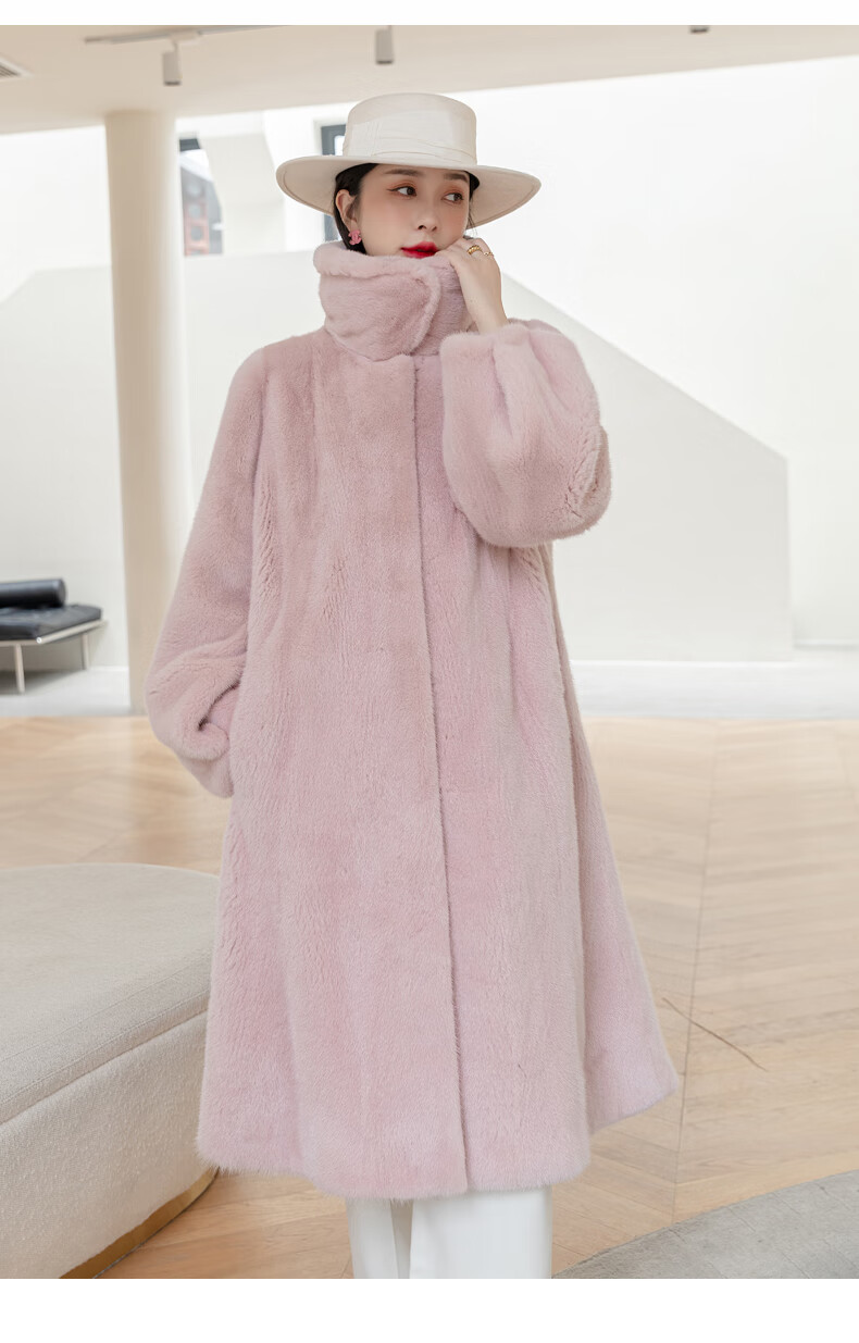 欧迪鸟品牌女装貂皮大衣女整貂长款年轻翻领水貂皮草外套 珍珠白 xl