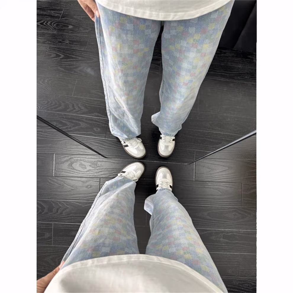 Color Plaid Jeans Men's Autumn Trend Slim-Fit Skinny Pants American High Street Straight Casual Pants, Blue S_mkmklike.com