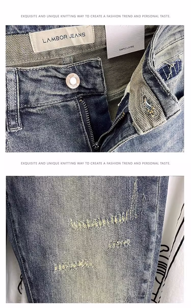Embroidered Jeans Men's Autumn Loose Straight Nine-Point Pants American Retro Premium Casual Elastic Pants, Blue 33_mkmklike.com