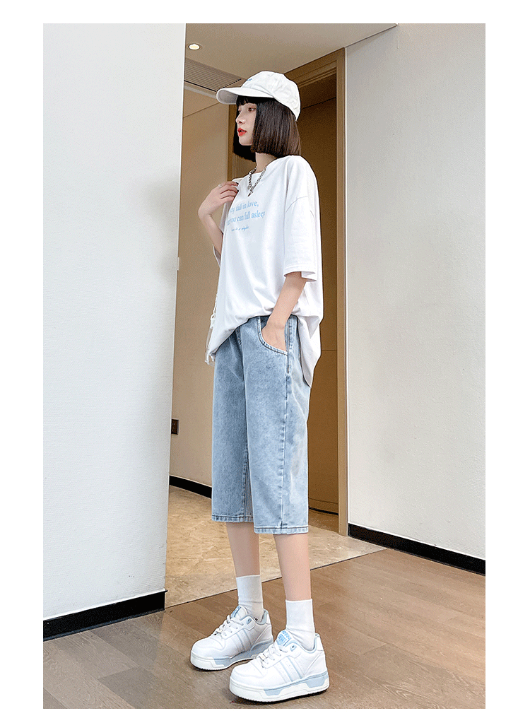 无金属裤子夏天女高考穿的及膝中分牛仔短裤女六分裤高考试无金属无磁