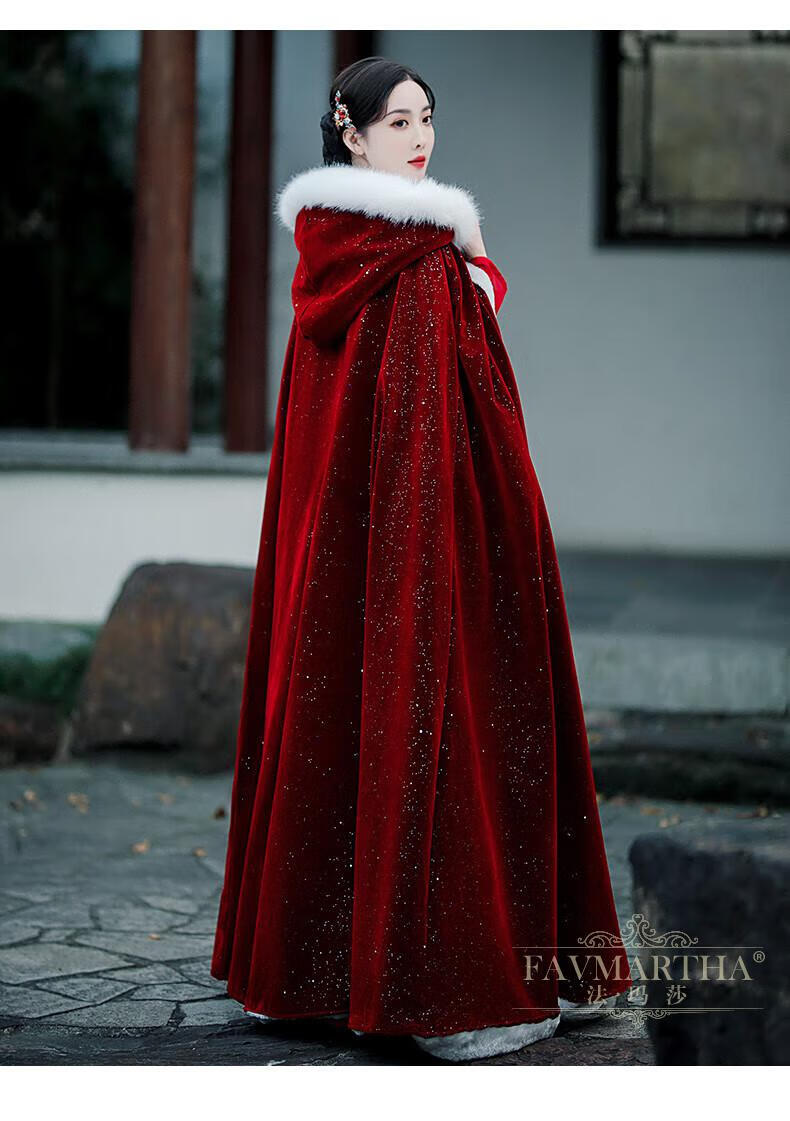 法玛莎品牌女装酒红色斗篷汉服女中国风毛领加绒加厚披风古装古风披肩