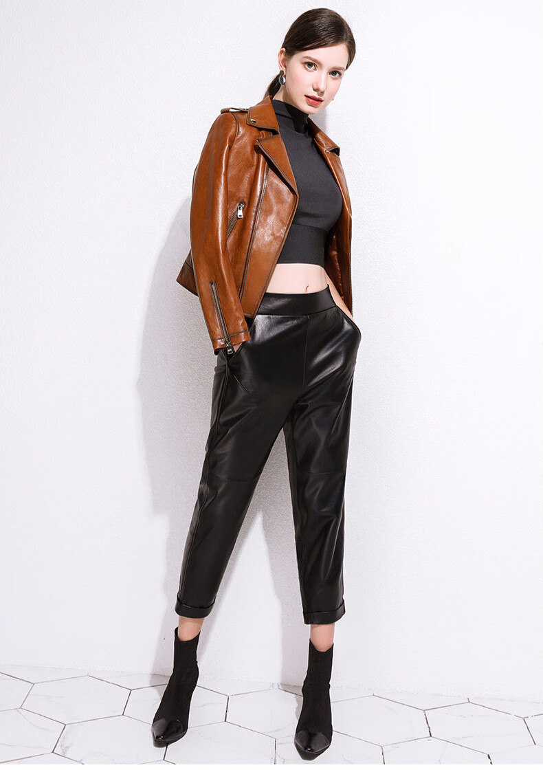 绵羊皮机车外套海宁皮夹克女士皮装哈雷风休闲显瘦真皮小上衣油蜡黄s