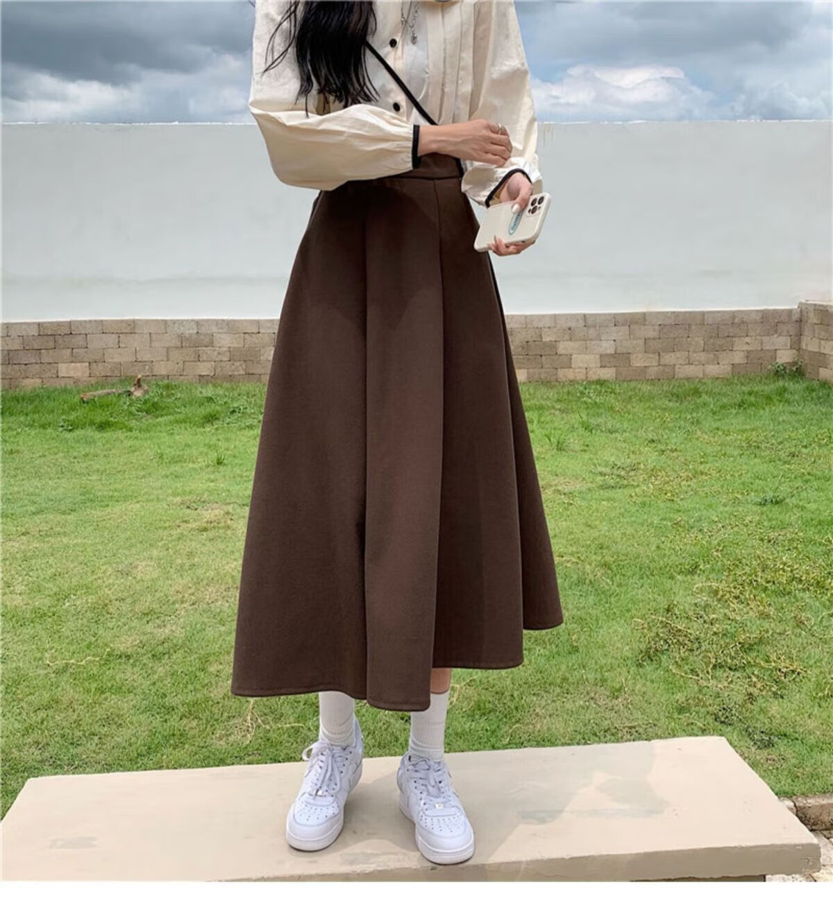 法式裙咖啡色百搭风裙子中长卡其色棕色秋冬a字半身裙 咖啡色 m【图片