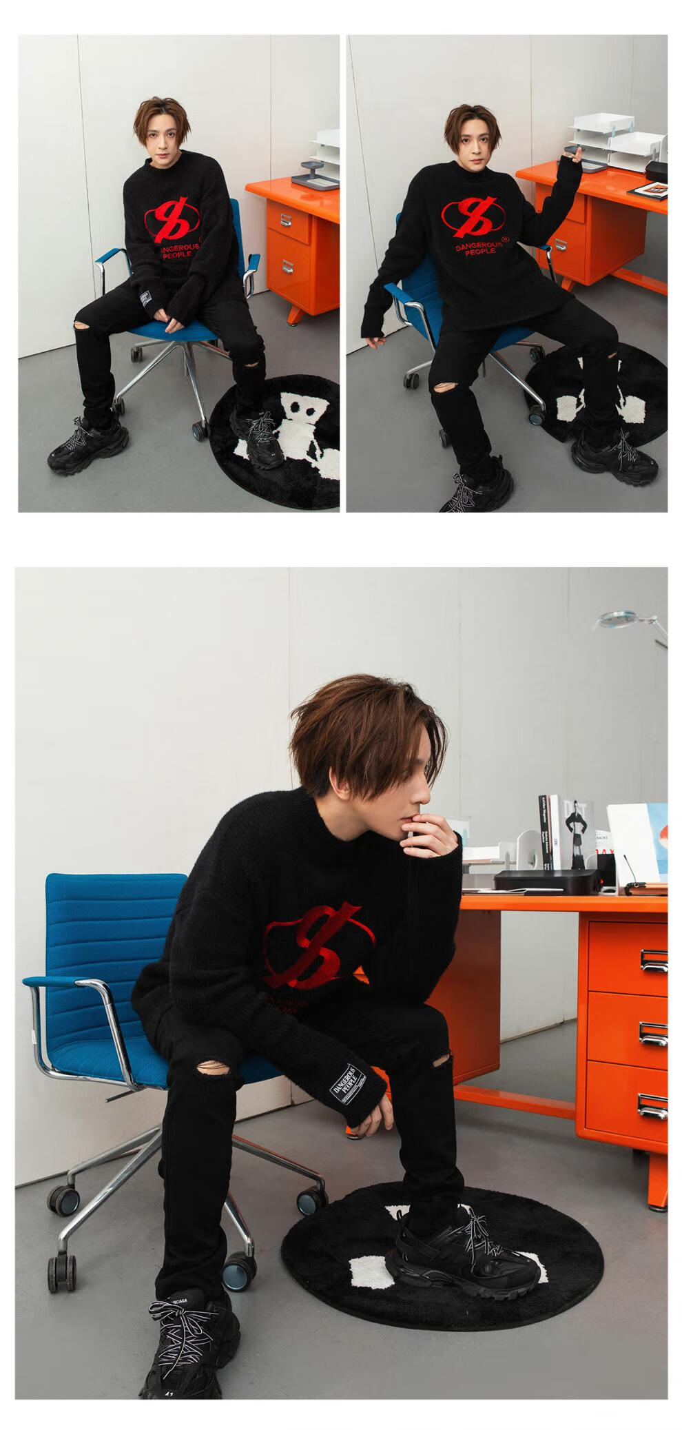 dangerouspeople 薛之谦dsp字母logo刺绣圆领潮流套头针织衫毛衣 黑色