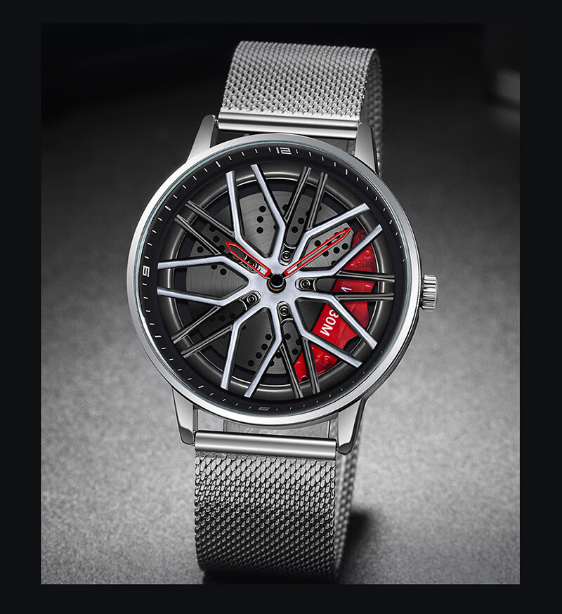 黑科技360度旋转轮毂手表男士个性镂空立体跑车卡钳表盘te黑科技防水