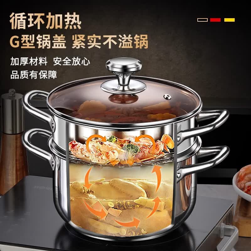 Stainless steel soup pot, household extra-thick steamer, integrated induction cooker, soup and stew pot, porridge cooking pot, gas double-ear pot, 24CM [with lid], combined thickened bottom thumbnail 2