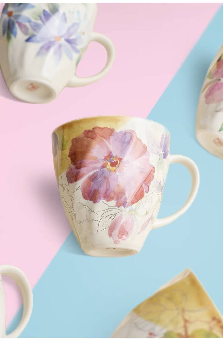 趴趴杯 ceramic和蓝水彩花卉马克杯十二月花语水杯可爱女生 花工房粉