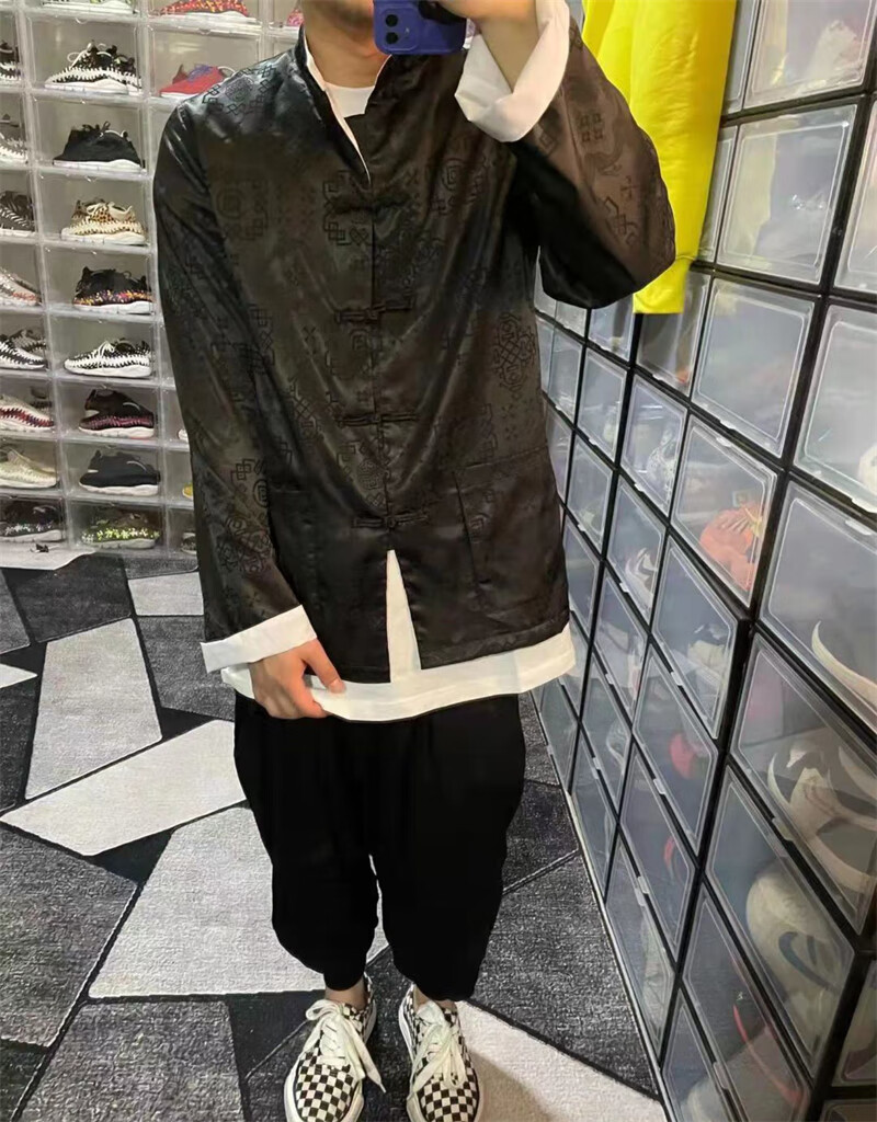 clot丝绸中国风唐装衬衫男秋季薄款潮流休闲宽松大码外套长袖上衣