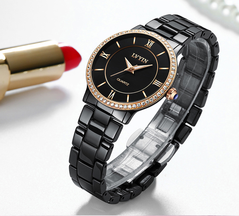 绿茵手表女表石英表陶瓷表新款潮流时尚白色镶钻防水女士腕表白色牙圈