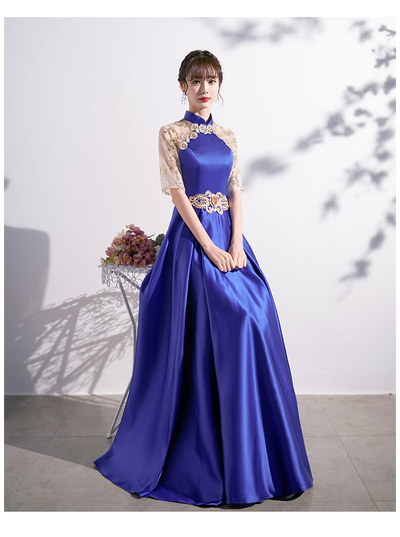 初中生大合唱演出服中学生蓝色团女长裙服装气质指挥服主持人宴会晚