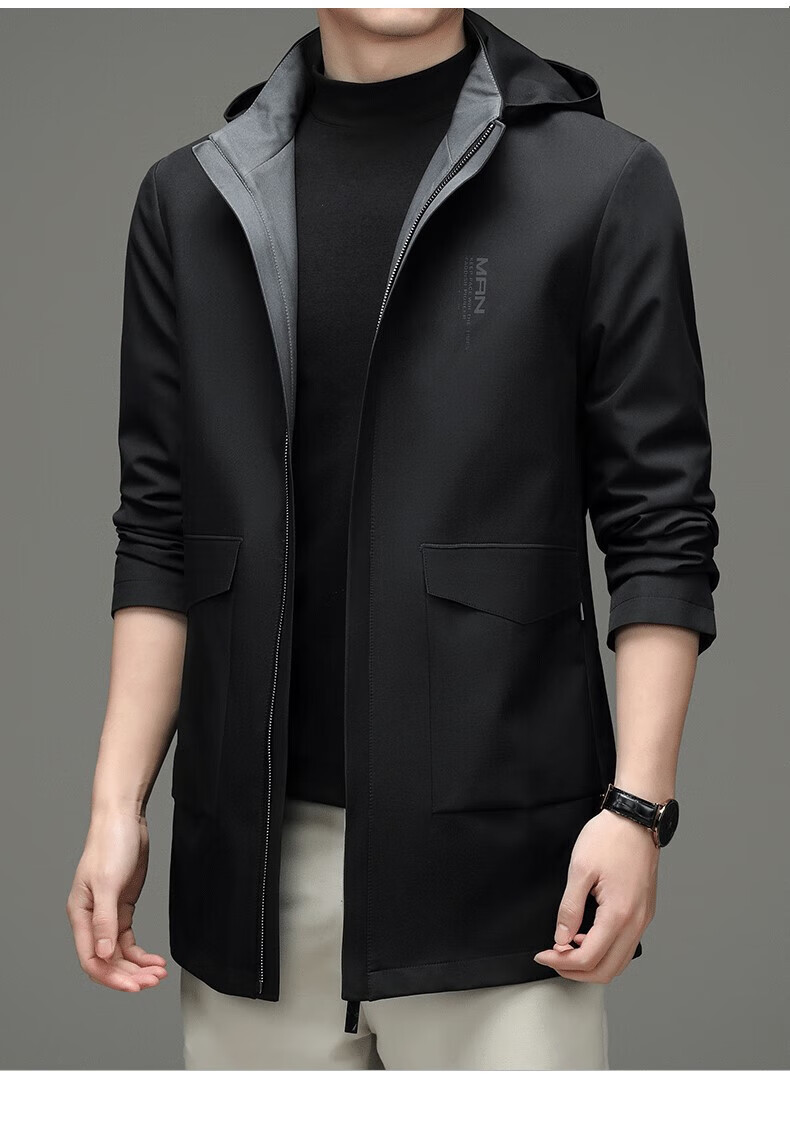 阿玛尼风衣男中长款感春秋连帽夹克商务休闲男士外套潮 深蓝 180