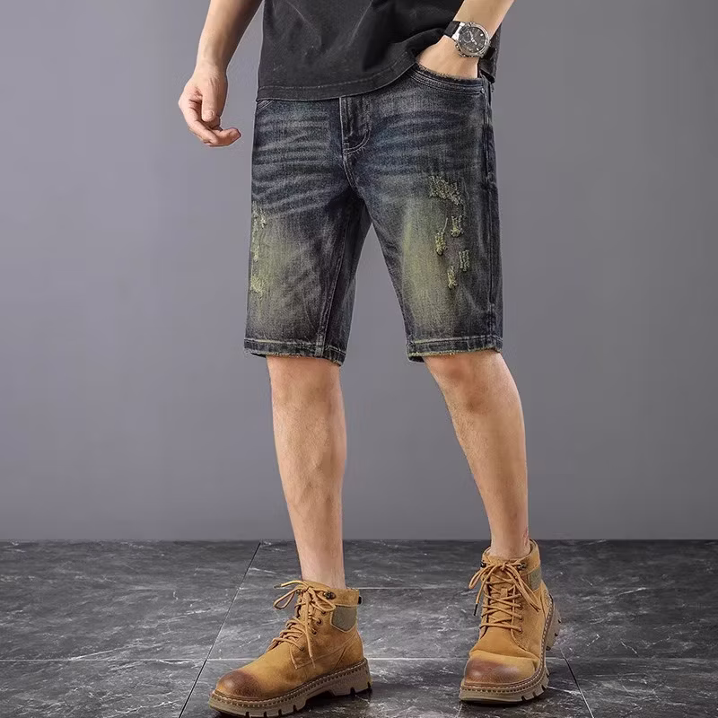 American Retro Denim Shorts Men's 2026 Summer Thin Ripped Scratched Design Handsome Casual Five-point Pants, Blue 28_mkmklike.com
